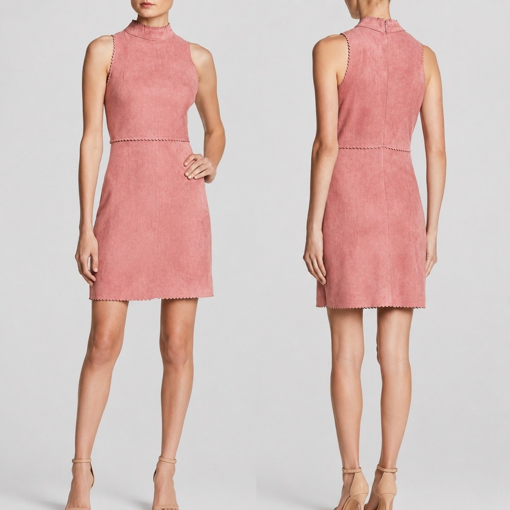 Soprano Faux Suede Dress Women Large Pink Scalloped Mock Neck Sleeveless Sheath